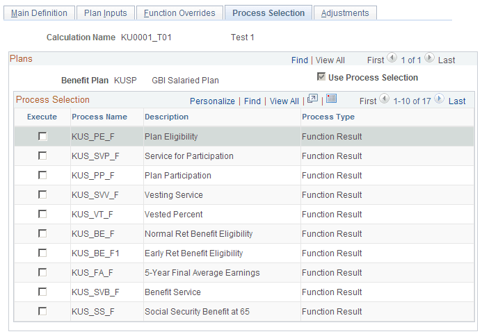 Process Selection page