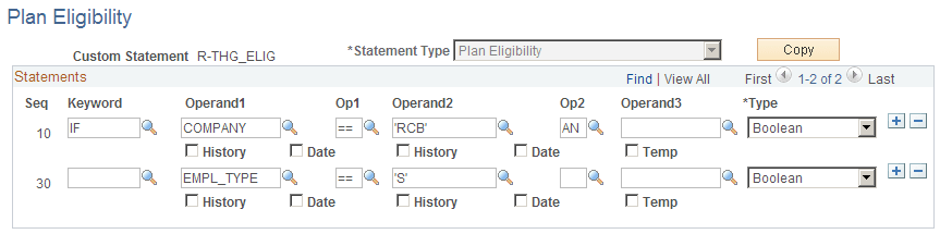 The Plan Eligibility page showing a group statement