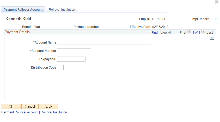 Payment Rollover Account page