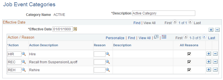 Job Event Categories page