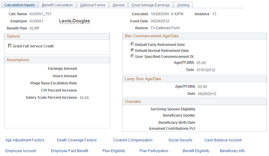 Calculation Inputs page