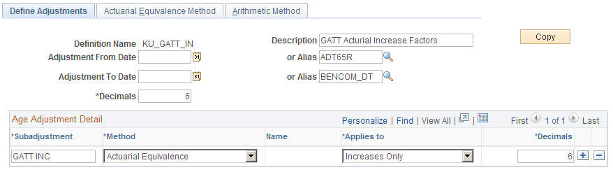 Early/Late Adjustments - Define Adjustments page