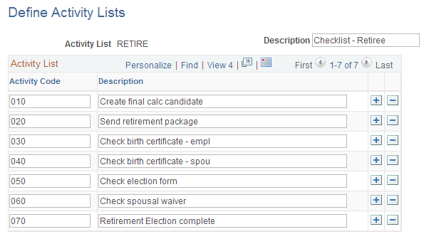 Define Activity Lists page
