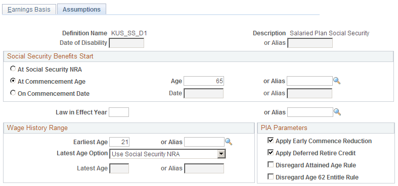 Social Security - Assumptions page