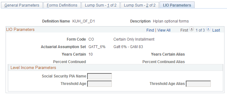 Optional Forms - LIO Parameters page