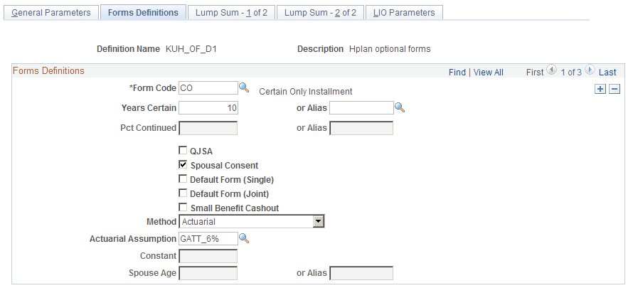 Optional Forms - Forms Definitions page