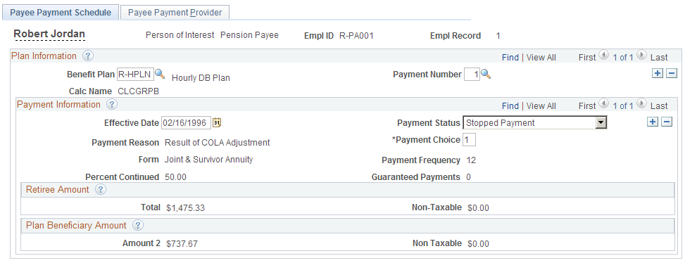 Payee Payment Schedule page