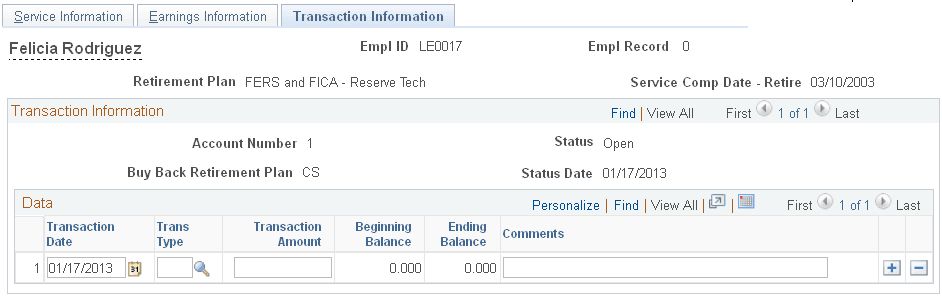 Military Service Deposit - Transaction page