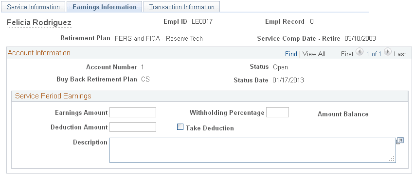 Military Service Deposit - Earnings Information page