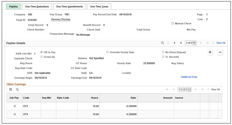 Display of mapped overtime and double time codes, corresponding hours and calculated rate on new payline