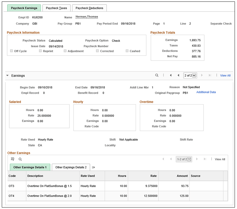 Display of calculated hourly rates (multiplication factor applied) and amounts for overtime on flat sum bonus on paycheck