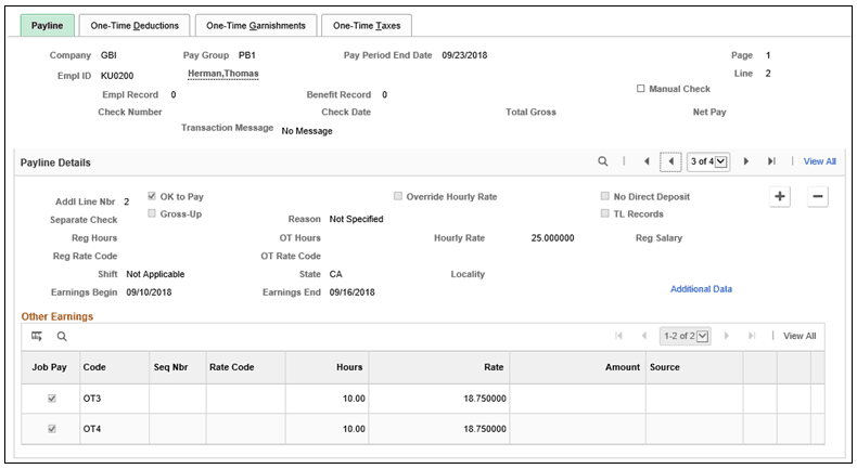 Display of mapped overtime and double time codes, corresponding hours and updated rates on new payline