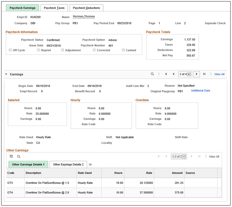 Display of updated hourly rates (multiplication factor applied) and amounts for overtime on flat sum bonus on paycheck