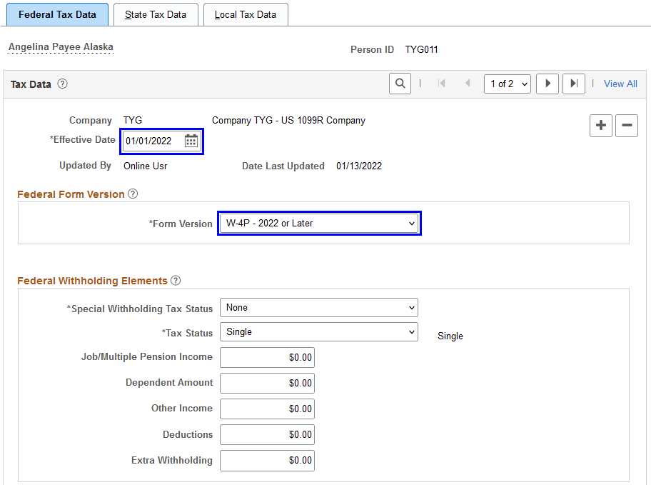 Updating federal and state tax data on or after January 1, 2022 for a payee
