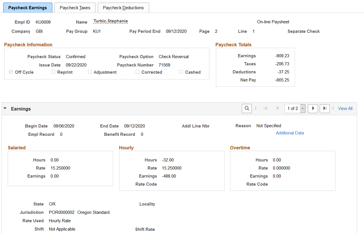 Reversed check on the Paycheck Earnings page (1 of 2)