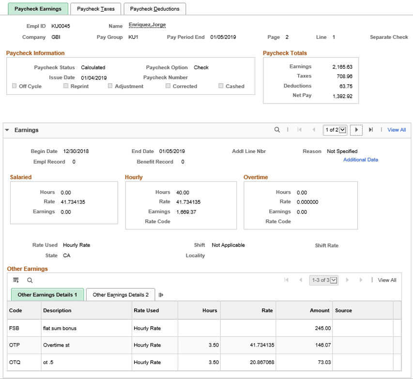 Display of calculated hourly rates (multiplication factor applied) and amounts for overtime on paycheck