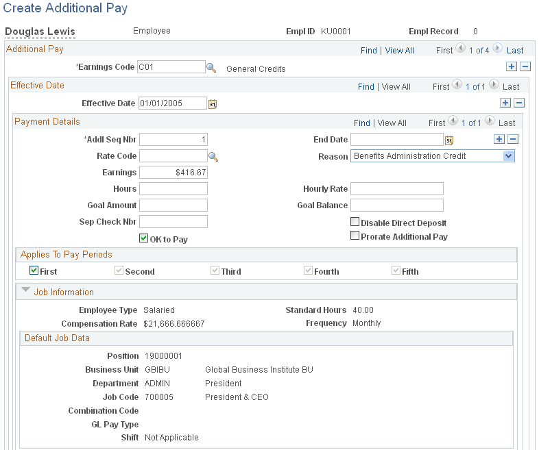 Create Additional Pay page (1 of 2)