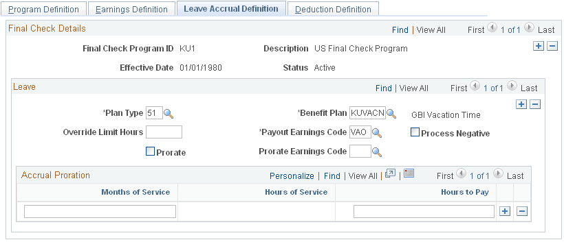 Final Check Program Table - Leave Accrual Definition page