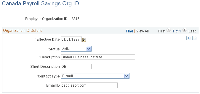 Canada Payroll Savings Org ID page