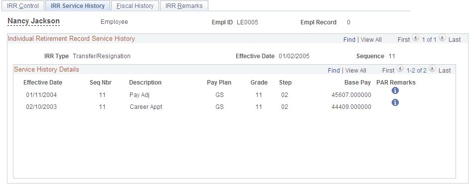 IRR Service History (Individual Retirement Record service history) page
