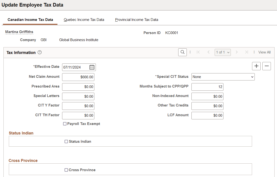 Canadian Income Tax Data page (1 of 3)