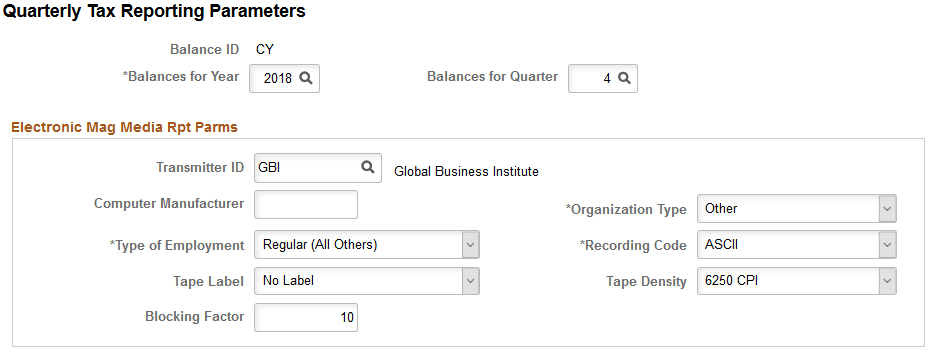 Quarterly Tax Reporting Parameters page