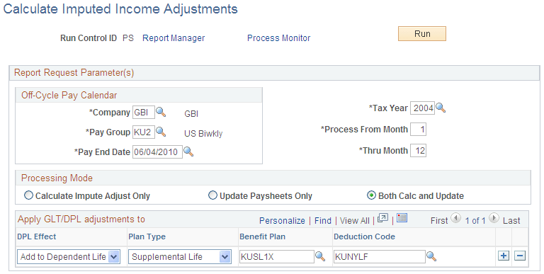 Calculate Imputed Income Adjustments page