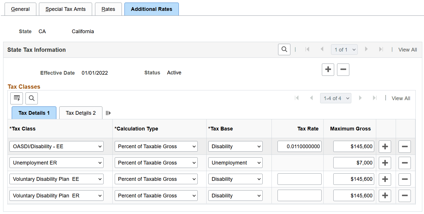 Tax Table - Additional Rates page