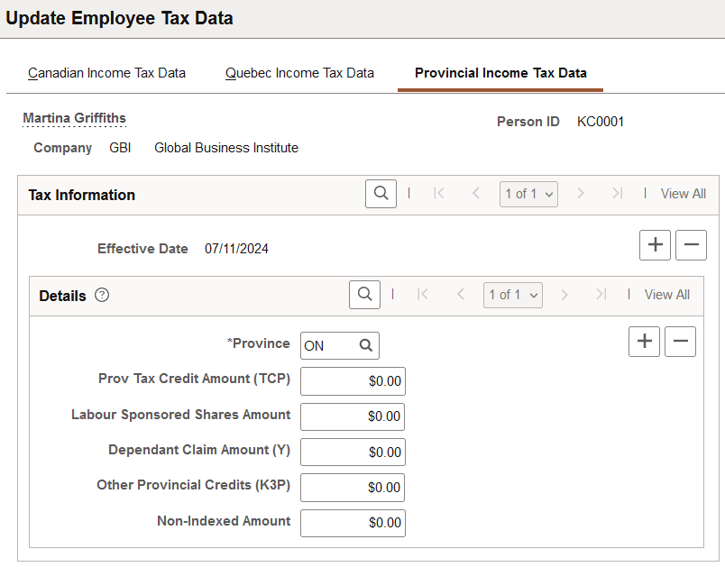 Provincial Income Tax Data page