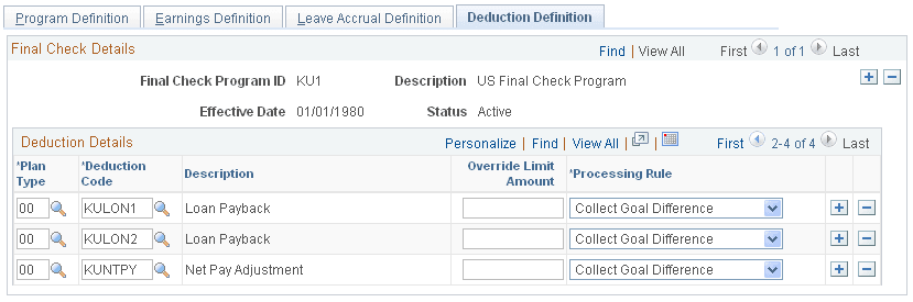 Final Check Program Table - Deduction Definition page