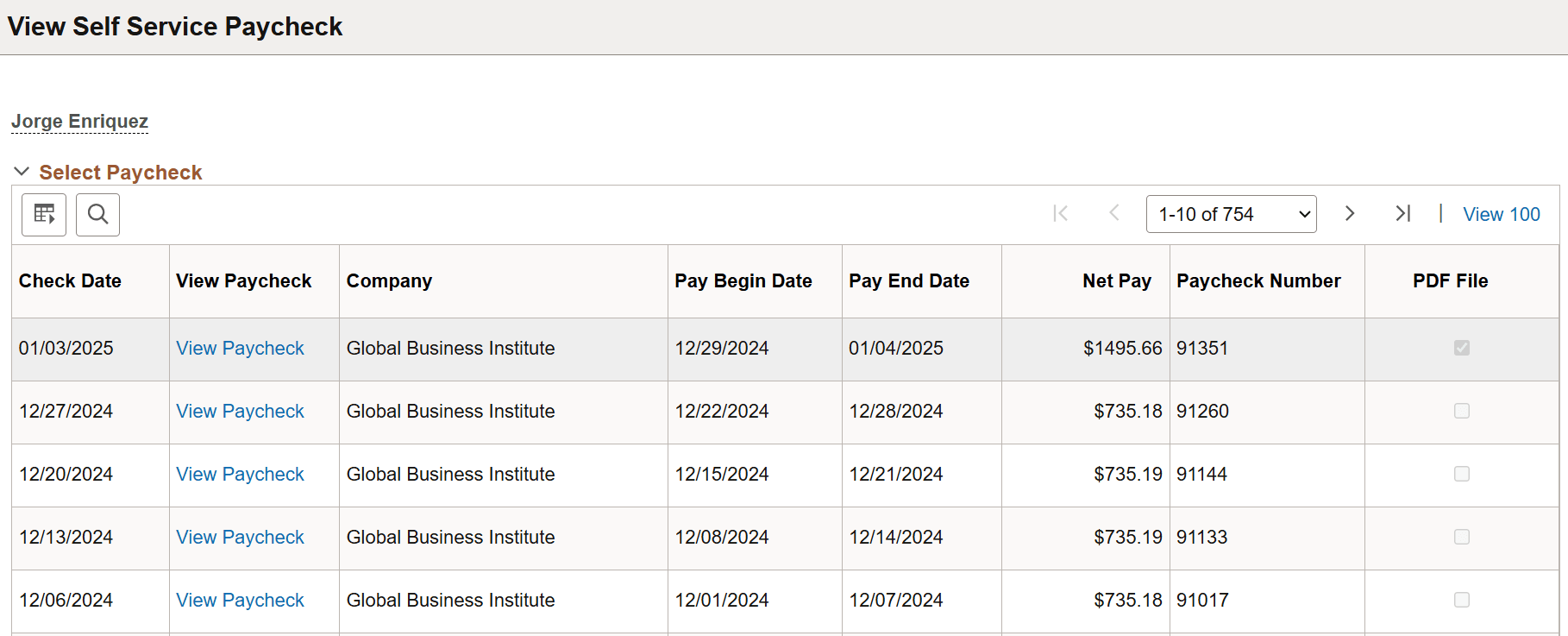 View Self Service Paycheck page