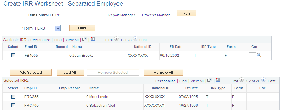 Create IRR Worksheet - Separated Employee page