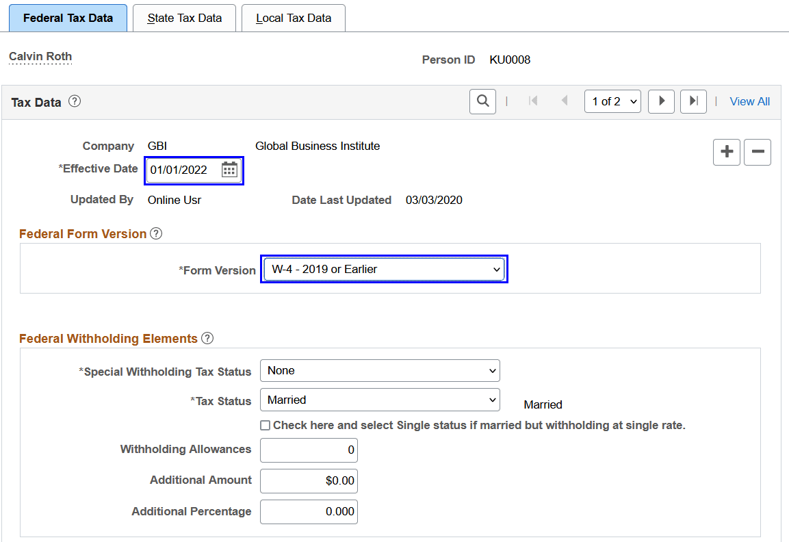 Updating state tax data on or after January 1, 2020 (January 1, 2022 in this example). No changes on the Federal Tax Data page.