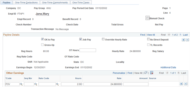 Payline page, annuitant Addl Line Nbr 0 example