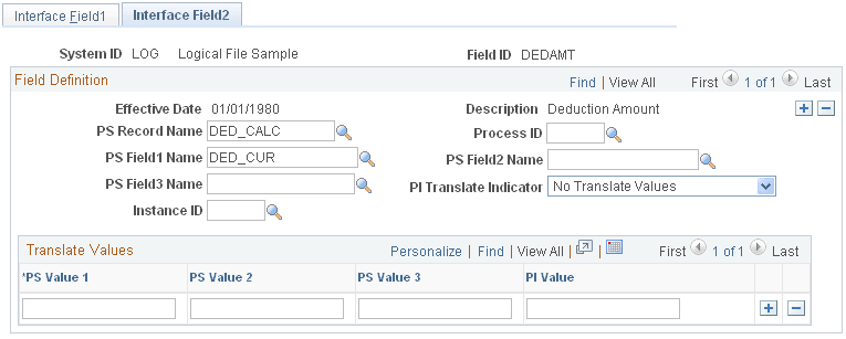 Interface Field2 page for Step 2b: Set Up the Field Definition Table Component, PeopleSoft Table and Fields