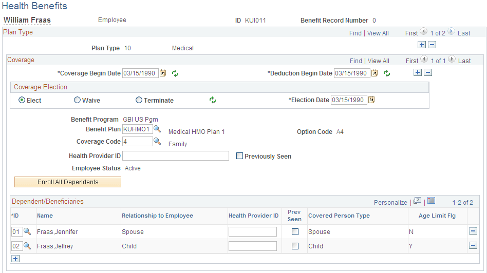 Health Benefits page for Step 1 Terminate a Benefit