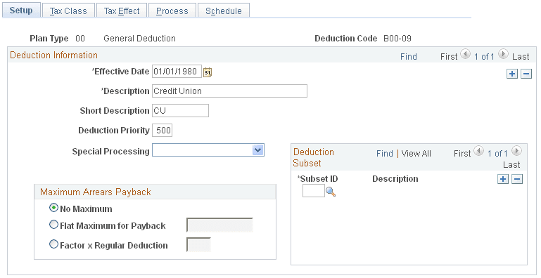 Deduction Table - Setup page