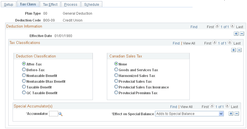 Deduction Table - Tax Class page