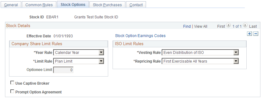 Stock Details - Stock Options page