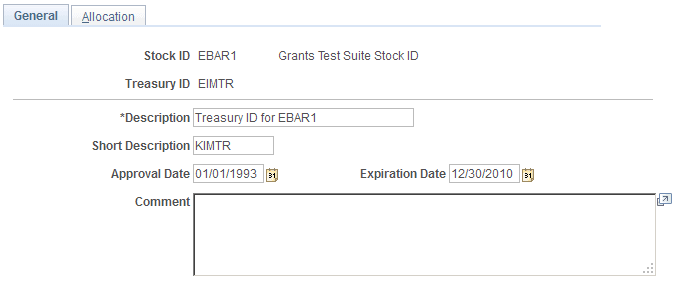 Stock Treasury Table - General page