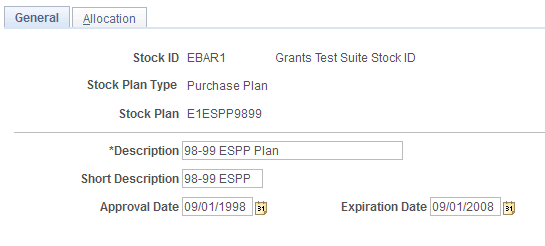 Stock Plan Table - General page