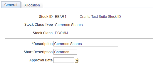 Stock Class Table - General page