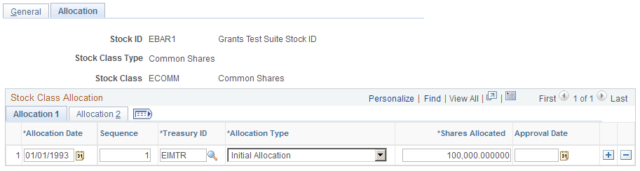 Stock Class Table - Allocation page: Allocation 1 tab