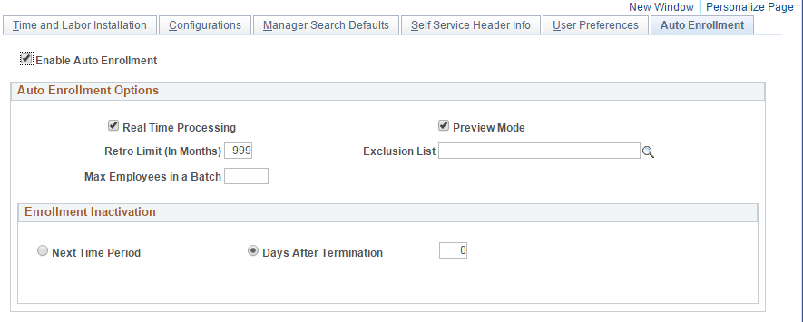 Time and Labor Installation Auto Enrollment Page