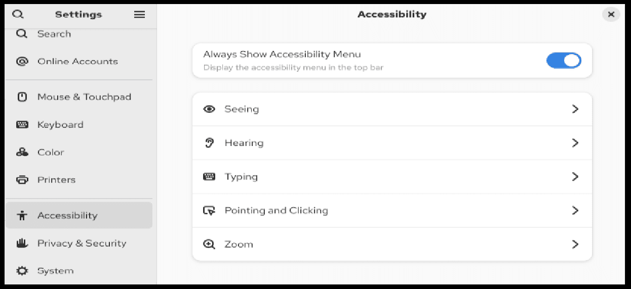 このイメージは、GNOME Contol Centerの「設定」ウィンドウの「アクセシビリティ」パネルのスクリーンショットを示しています。