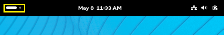 左側の「アクティビティ」ワークスペース・インジケータが黄色いボックスで強調表示されたGNOMEデスクトップの上部バーのイメージ。
