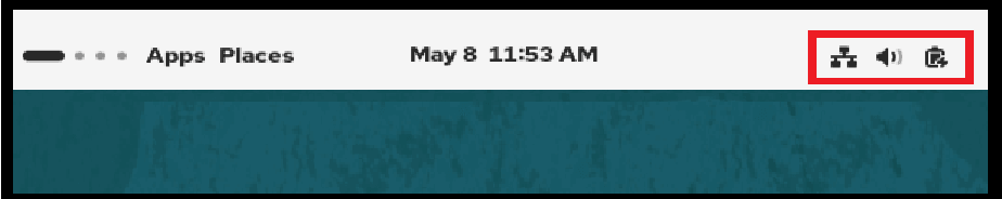 右上にある「システム・ツール」グループ・アイコンが赤いボックスで強調表示されたGNOMEクラシック・デスクトップの上部バーのイメージ。