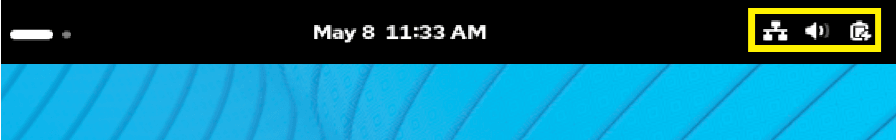 右上にある「System Tools」グループ・アイコンが黄色のボックスで強調表示されたGNOMEデスクトップの上部バーのイメージ。