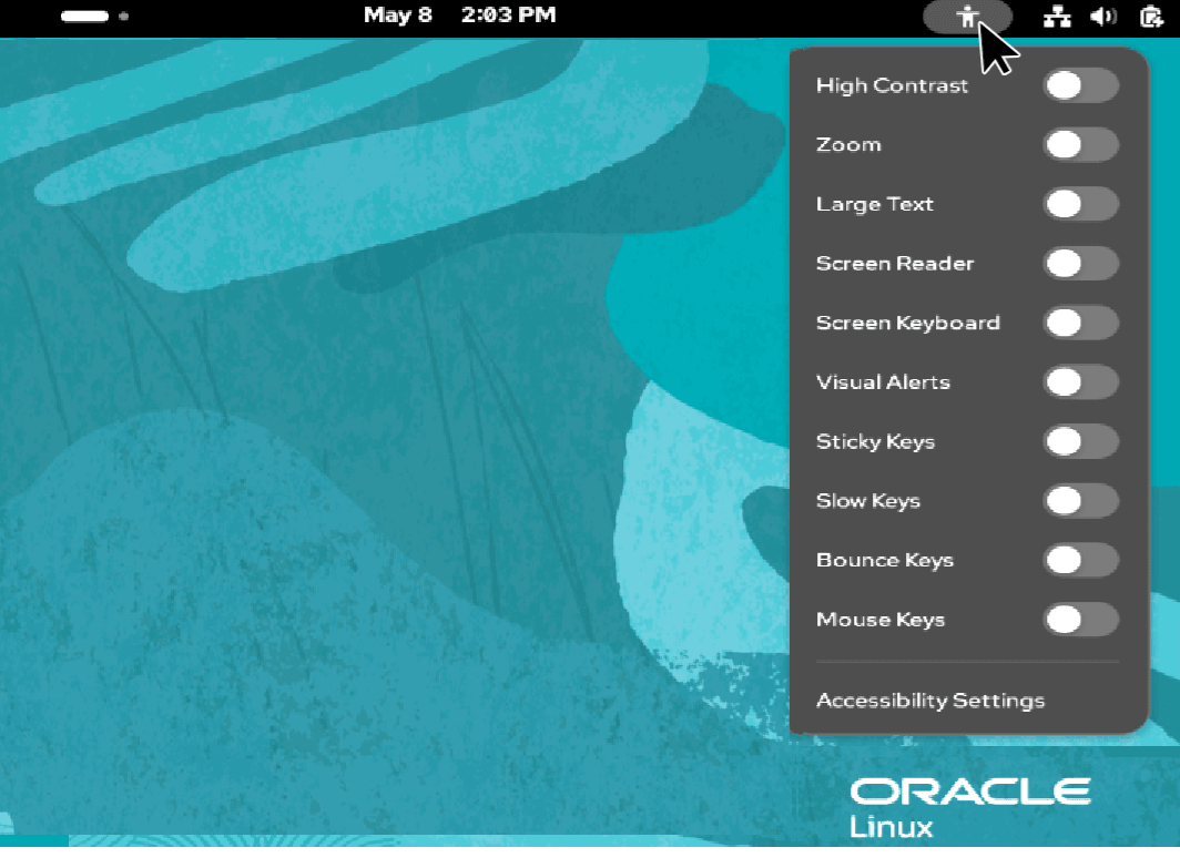 このイメージは、デスクトップの上部バーの「アクセシビリティ・メニュー」アイコンを選択したときにメニュー・オプションとして表示されるアクセシビリティ機能を示しています。