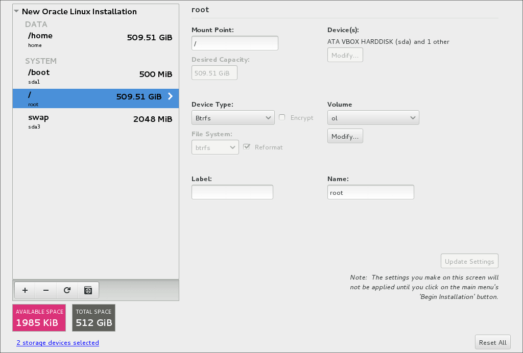 この図は、Btrfs用に作成されたマウント・ポイントを示しています。 マウント・ポイントは左側に一覧表示されます。 root (/)マウント・ポイントが選択され、そのマウント・ポイントの現在の構成を示すオプションが右側に表示されています。 この図は、Btrfs用に作成されたマウント・ポイントを示しています。 マウント・ポイントは左側に一覧表示されます。 root (/)マウント・ポイントが選択され、そのマウント・ポイントの現在の構成を示すオプションが右側に表示されています。